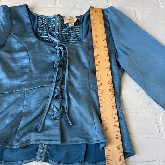 I. Madeline Blue Satin Lace Up Hook and Eye Cuff Sleeves Short Top Blouse -sz M - Picture 8 of 8